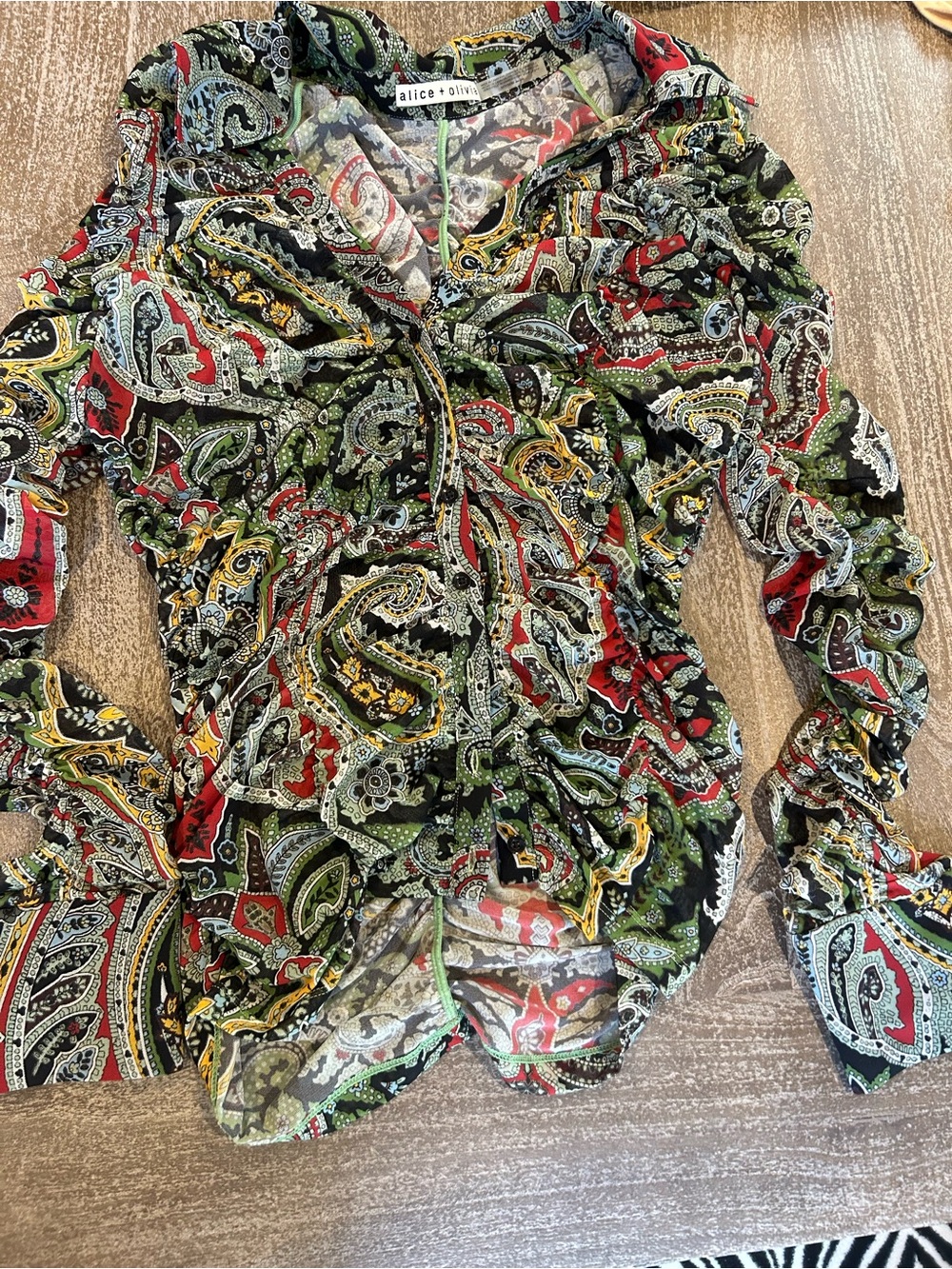 Alice + Olivia Multicolor Stretch Mesh Paisley Ruched Button-Front Top - Picture 7 of 8